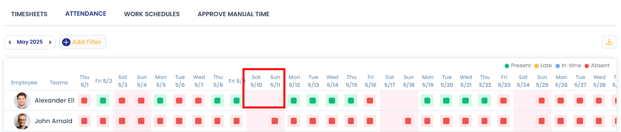 Attendance report off days marked