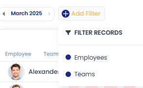 Employee team selection filter