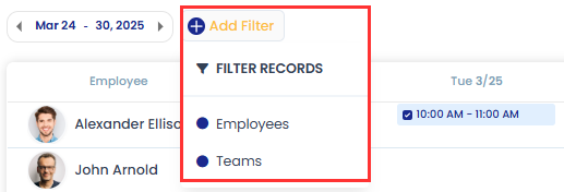 Employee team selection filter