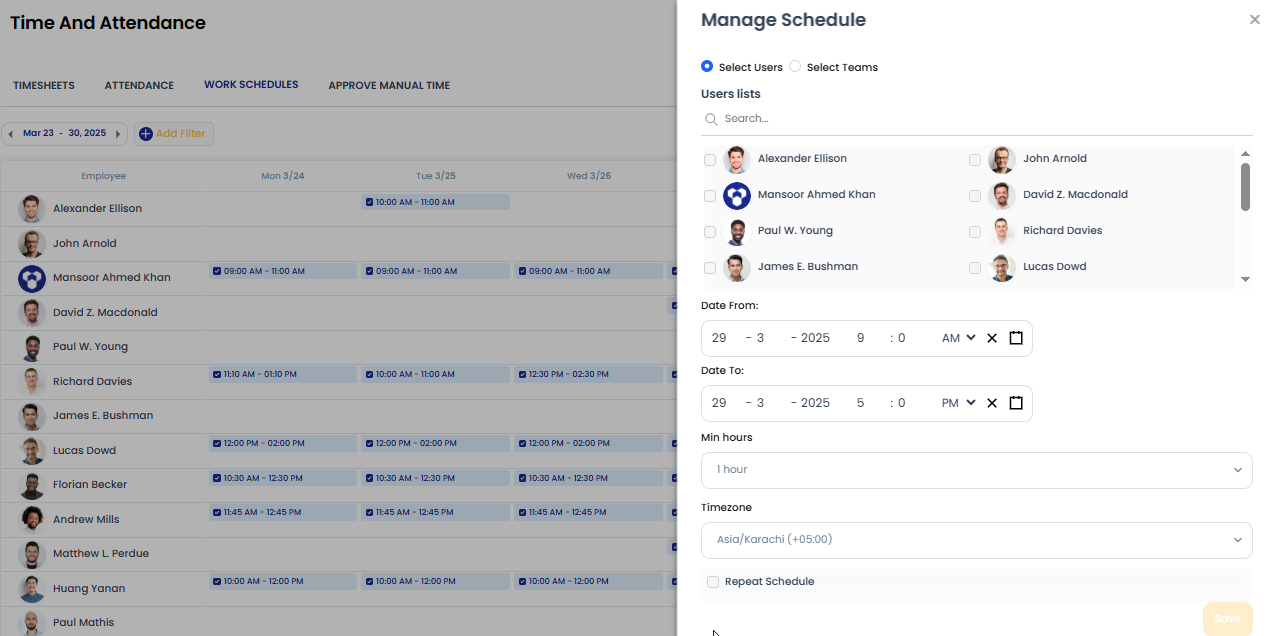 Manage work schedules
