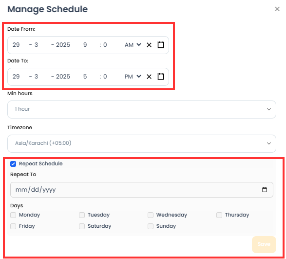 Schedule days selection