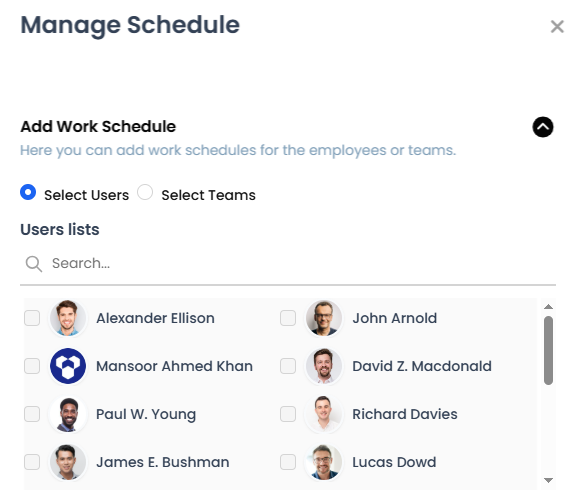 Users selection list