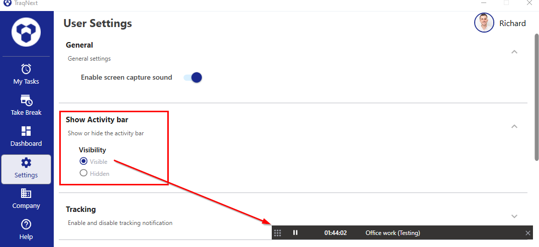 Desktop app activity bar