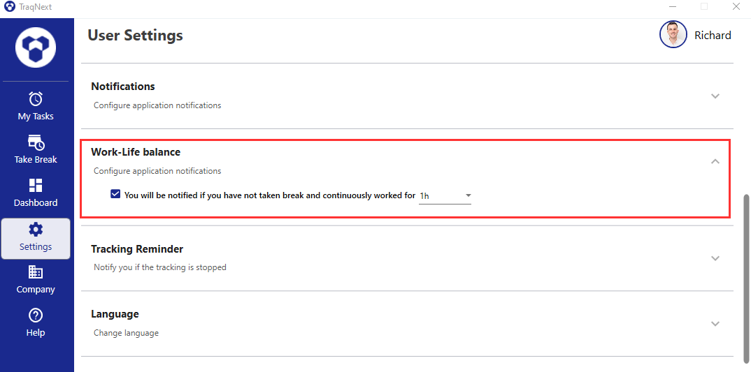 Work life balance settings