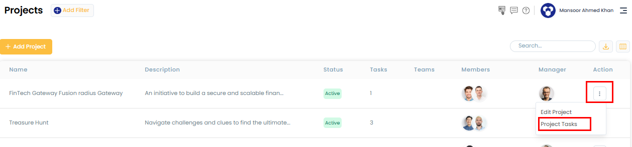 Project tasks action menu