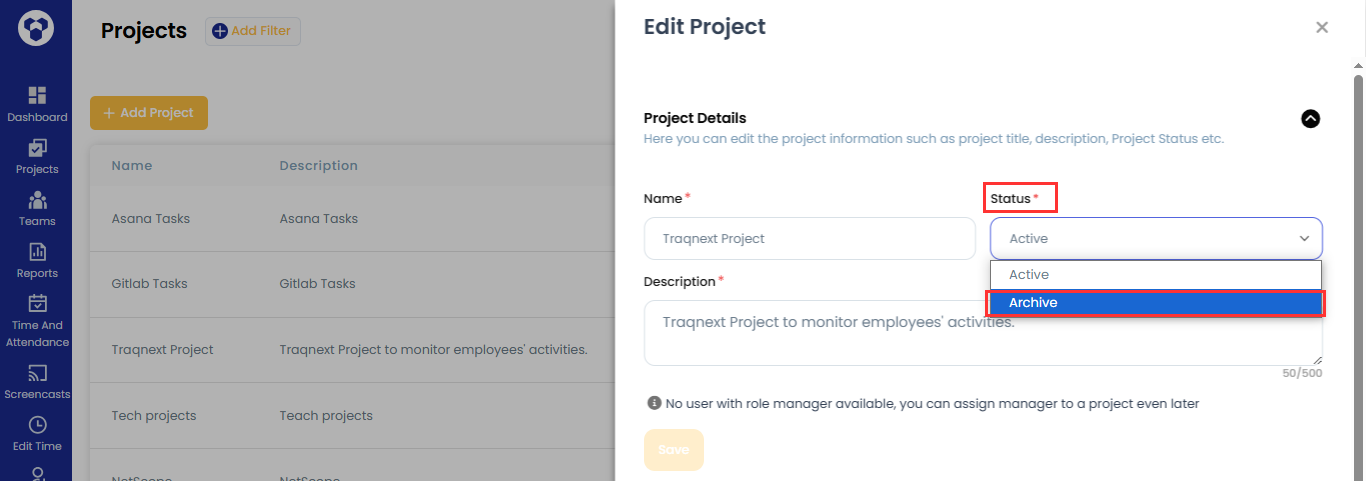 Change project status to archived