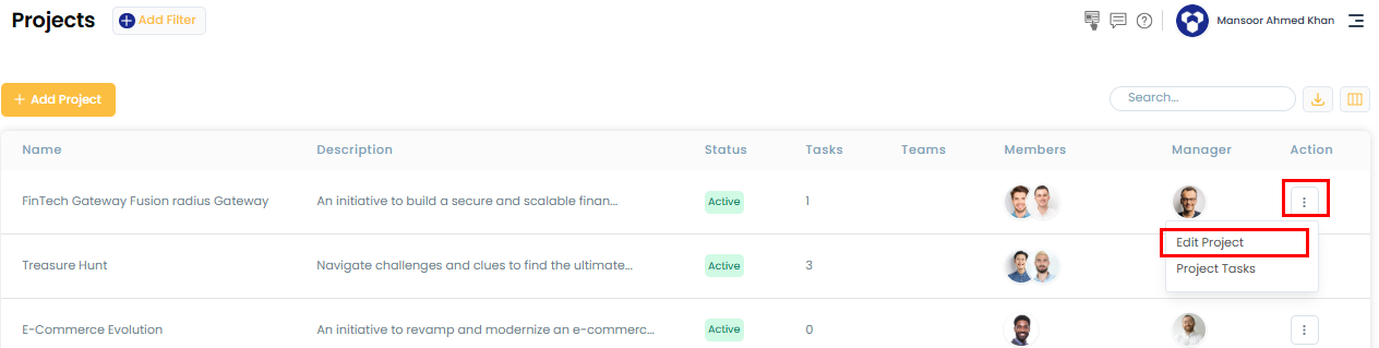 Edit project action menu