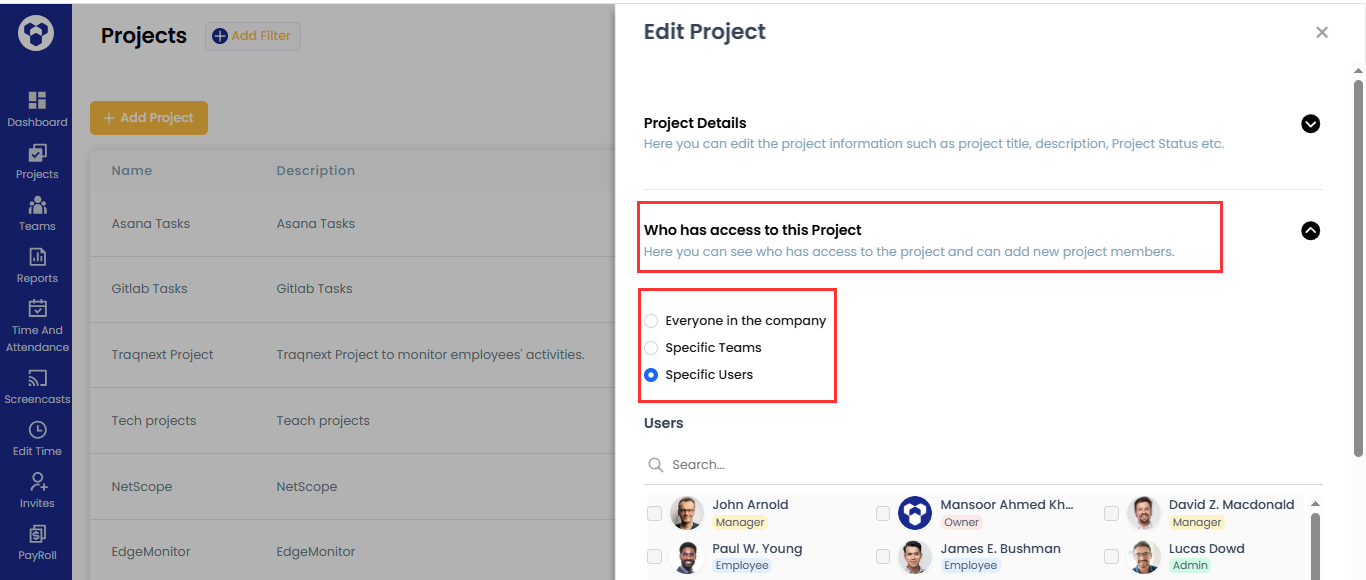 Edit project member access