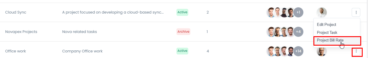 Project bill rate menu
