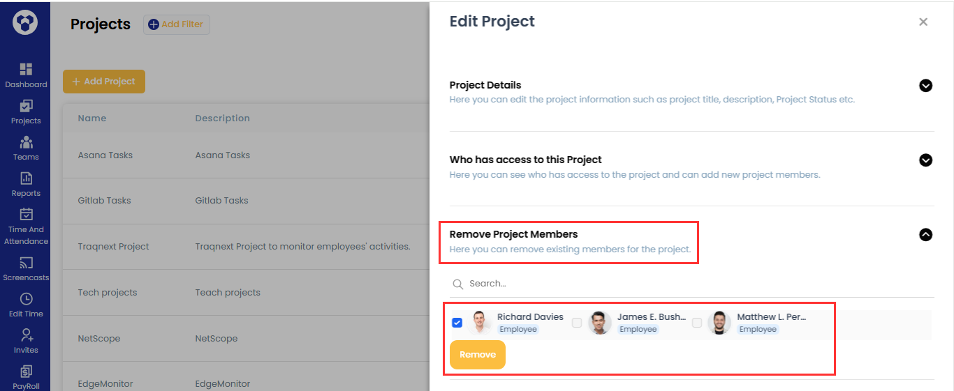 Project members remove list