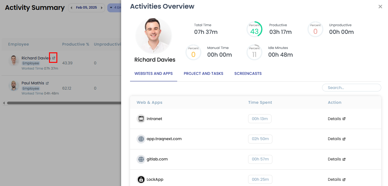Web app usage drilldown