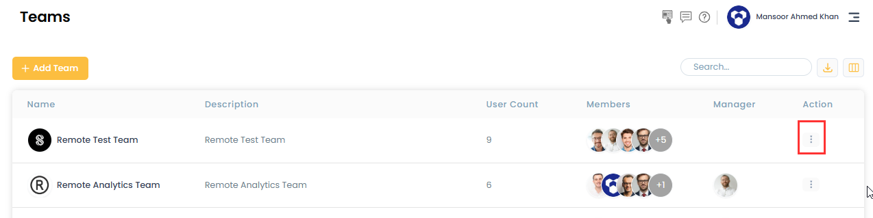 Edit team action menu