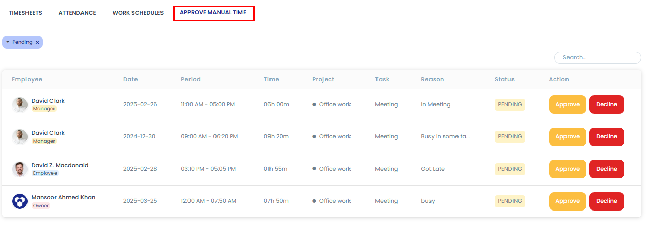 Manual time approval list