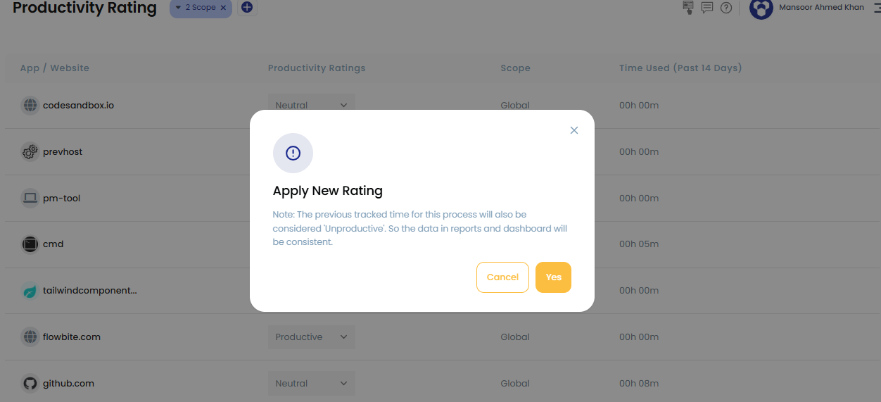Apply new rating confirmation popup