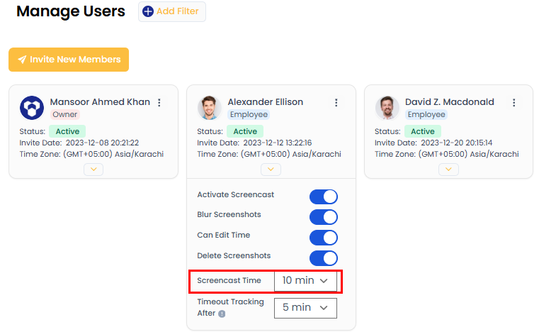 Screencast time setting dropdown