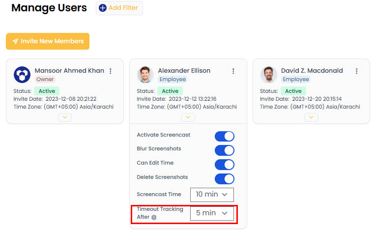 Timeout tracking setting dropdown
