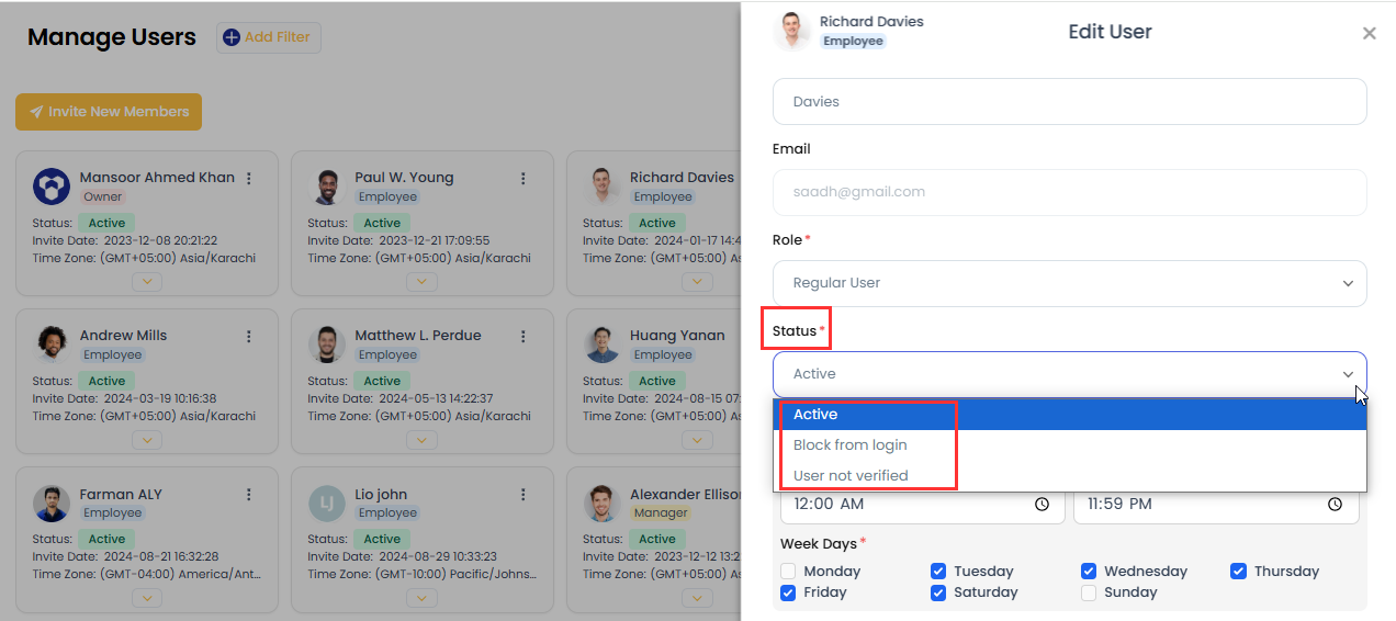 User status selection