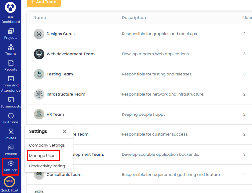Manage users navigation link